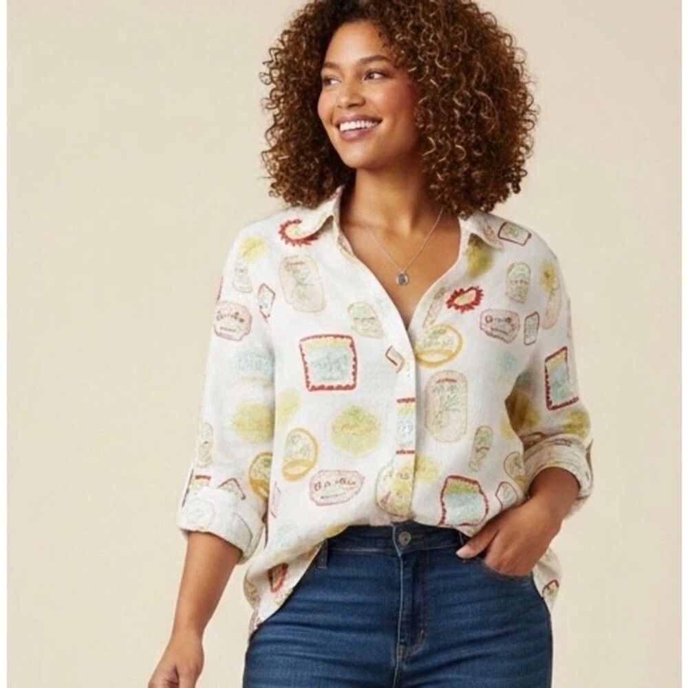 Cynthia Rowley Size 1X Button Down White Olive Oil Artsy Linen Long Sleeve Top